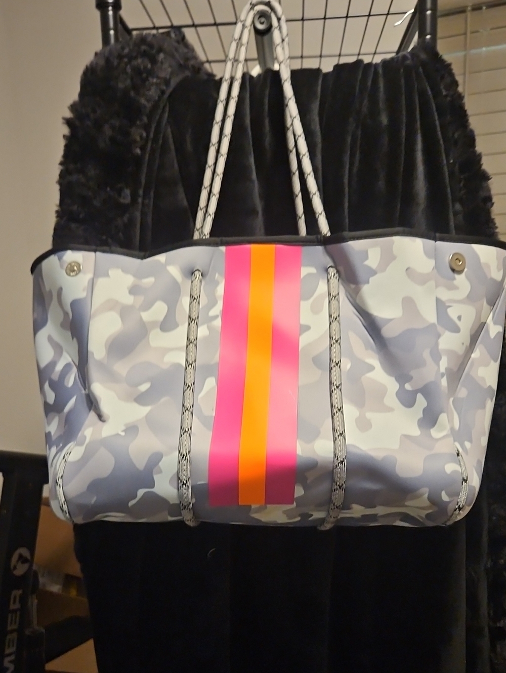 Gray Camo Neoprene Tote with Pink and Orange Stripe